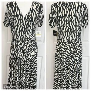 NWT Morgan McFeeters Black & Ivory Print Ruched Faux Wrap Midi Dress 14